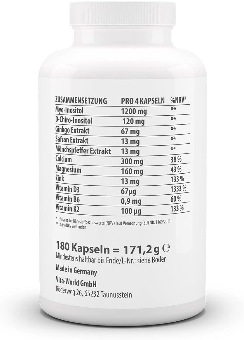 Magnesium Komplex mit B6 & Zink – vitaworld Inositol Complex for Women - 180 Vegan Capsules with Myo & D-Chiro-Inositol, Monk Pepper, Saffron, Ginkgo - with Vitamin B6, D3, K2, Zinc & Magnesium for Hormonal Balance & Cycle – Bild 2
