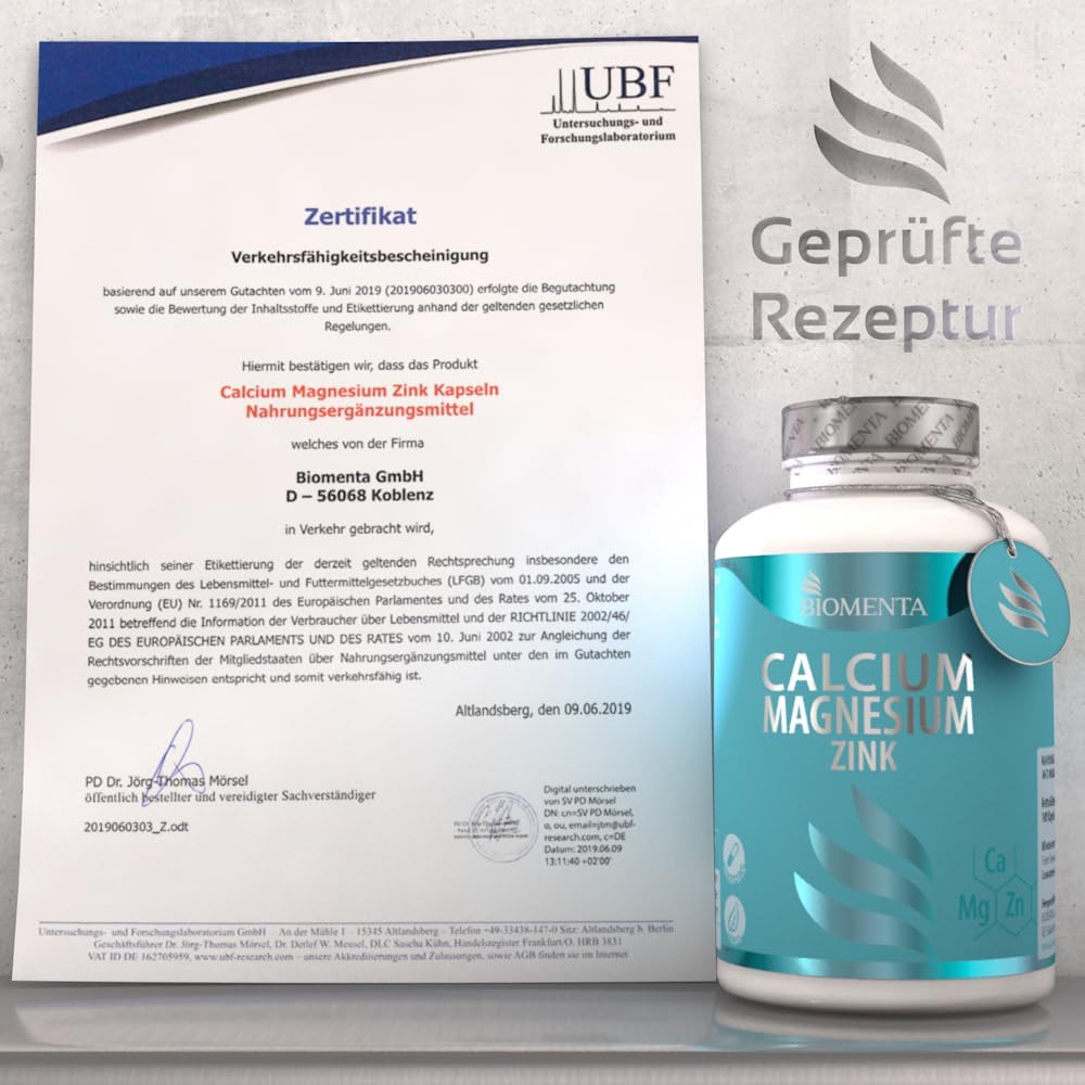 Magnesium Komplex mit B6 & Zink – Biomenta Calcium + Magnesium + Zinc - 180 Capsules - 2 Monthly Treatment – Bild 5