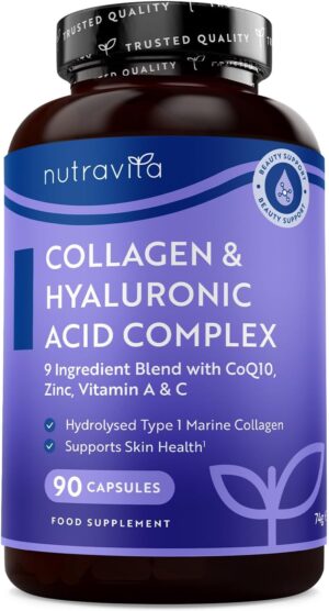 Magnesium Komplex mit B6 & Zink โ Collagen Complex with Marine Collagen, Magnesium, Vitamin D, C, B12, A, Q10 & Zinc - 90 Hyaluronic Capsules High Dose for 3 Months - Nutravita