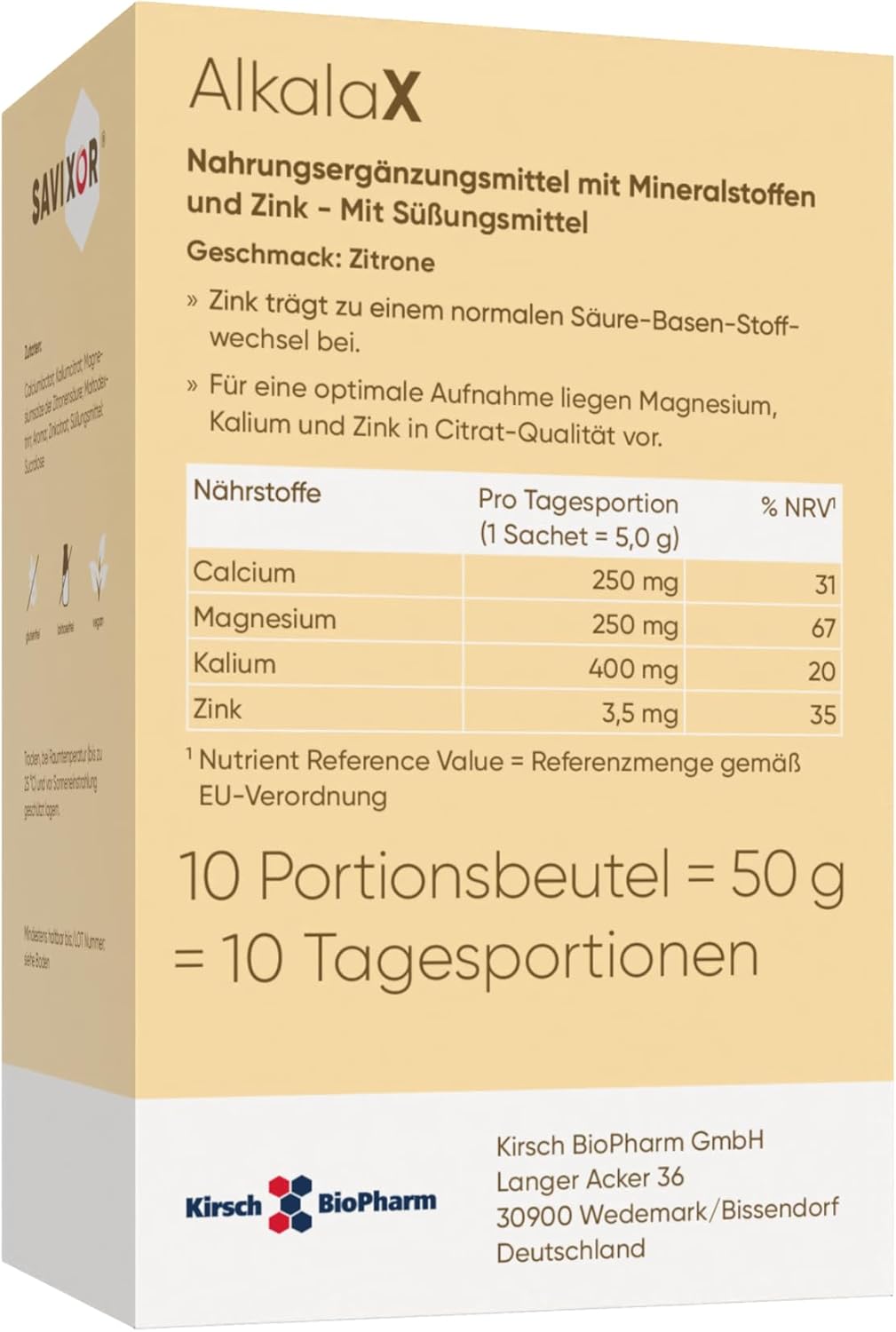 Magnesium Komplex mit B6 & Zink – AlkalaX Mineral Complex 10 x 5 g Vegan - With 3.5 mg Zinc, 250 mg Calcium, 250 mg Magnesium and 400 g Potassium, Zinc contributes to a normal acid-base metabolism – Bild 4