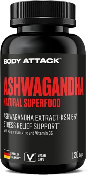 Magnesium Komplex mit B6 & Zink – Body Attack Ashwagandha KSM-66® Capsules, Pack of 120, Indian Sleep Berry, Capsules with High Dose Ashwagandha, Made in Germany, with Magnesium, Zinc & Vitamin B6, Vegan