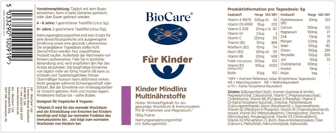 Magnesium Komplex mit B6 & Zink – BioCare Mindlinx Multinutrient for Children - For Bones & Growth in Children - With Vitamin D, B12, Magnesium, Zinc and Much More - 150 g – Bild 2