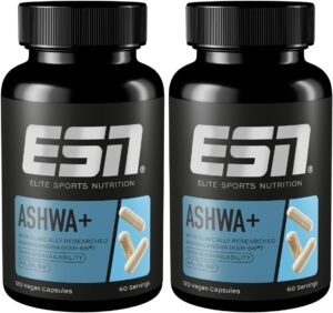 Magnesium Komplex mit B6 & Zink โ ESN Ashwa+, Ashwagandha High Dose, Patented KSM 66, 2 x 120 Capsules, with Magnesium, Vitamin B6 and Zinc, Made in Germany
