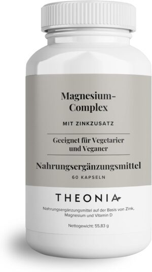 Magnesium Komplex mit B6 & Zink – Theonia Magnesium Complex - Highly Effective 205mg Supplement with Zinc & Vitamin D3 - Muscle & Bone Health, Nerve Function & Energy Supply - 60 Capsules, Non-GMO, Vegan