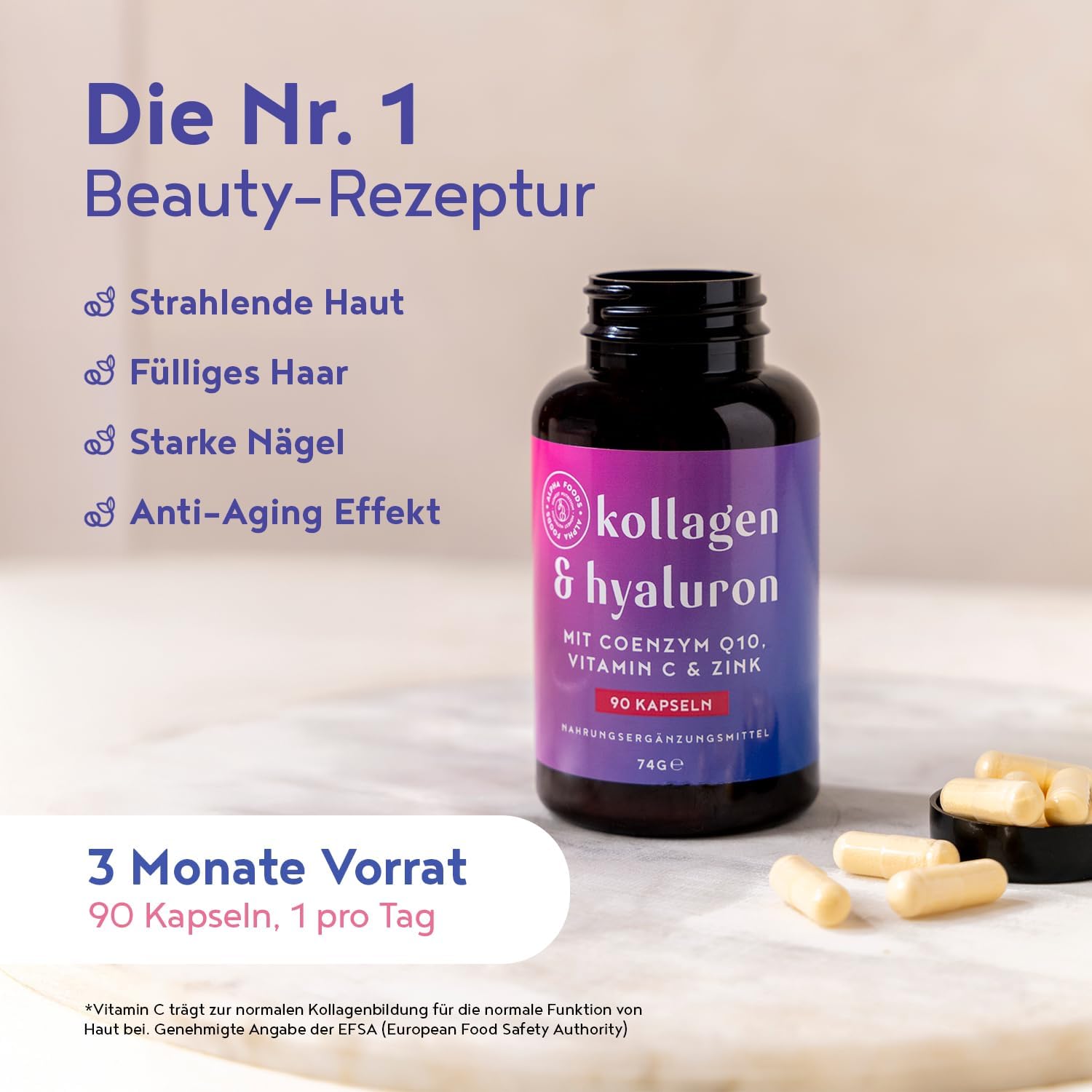 Magnesium Komplex mit B6 & Zink – Hyaluronic Collagen Complex | 90 Capsules | High Dose with CoQ10, Hyaluronic Acid, Vitamin C, D, A, Zinc & Magnesium | Hyaluronic Collagen | for Skin, Hair, Nails, Bones and Joints Alpha Foods – Bild 2