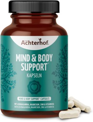 Magnesium Komplex mit B6 & Zink โ Mind & Body Support 120 Capsules | Contains Magnesium, Zinc and Vitamin B6 | Additionally Enriched with a High-Quality Ashwagandha Root Extract | 100% Vegan | from Achterhof