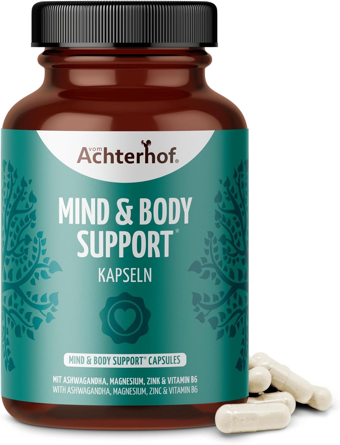Magnesium Komplex mit B6 & Zink – Mind & Body Support 120 Capsules | Contains Magnesium, Zinc and Vitamin B6 | Additionally Enriched with a High-Quality Ashwagandha Root Extract | 100% Vegan | from Achterhof