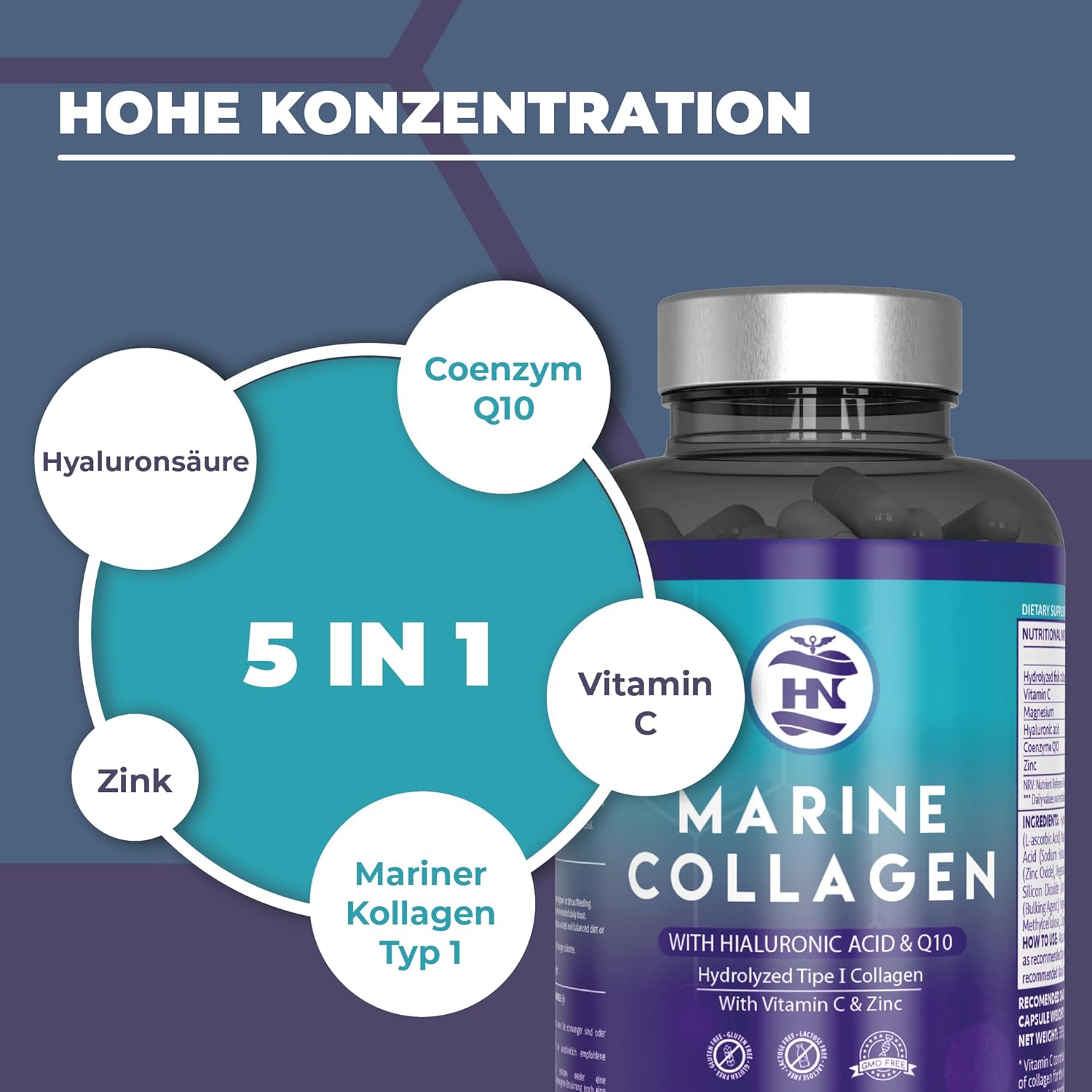 Magnesium Komplex mit B6 & Zink – Collagen Capsules High Dose with Hyaluronic Acid. Collagen Capsules with Magnesium and Vitamin C - Coenzyme Q10, Magnesium and Zinc, Sea Collagen with Hyaluronic Acid (50 Capsules) – Bild 3