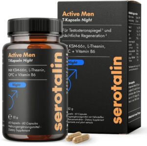 Magnesium Komplex mit B6 & Zink โ serotalin Active Men T Capsules Night | Ashwagandha Capsules High Dose - 500 mg KSM-66 (5% Withanolide) | Magnesium, Zinc, L-Theanine & OPC | Vegan & Made in Germany | 60 Capsules