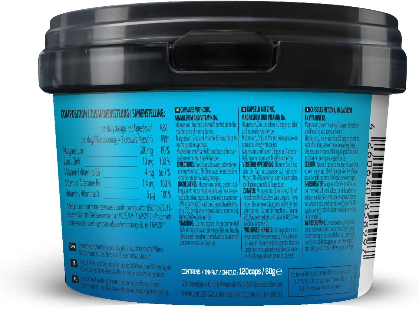 Magnesium Komplex mit B6 & Zink – Bodylab24 ZMB6 120 Capsules, with the Minerals Zinc, Magnesium, Vitamin B5, B6 & Vitamin D, Ideal as an Additional Supplement in Intensive Training Phases – Bild 2