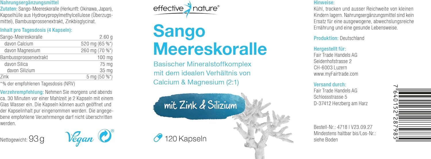 Magnesium Komplex mit B6 & Zink – effective nature - Sango sea coral + zinc and silicon - 120 vegan capsules - with calcium and magnesium in the ideal ratio - high dose and without additives – Bild 3