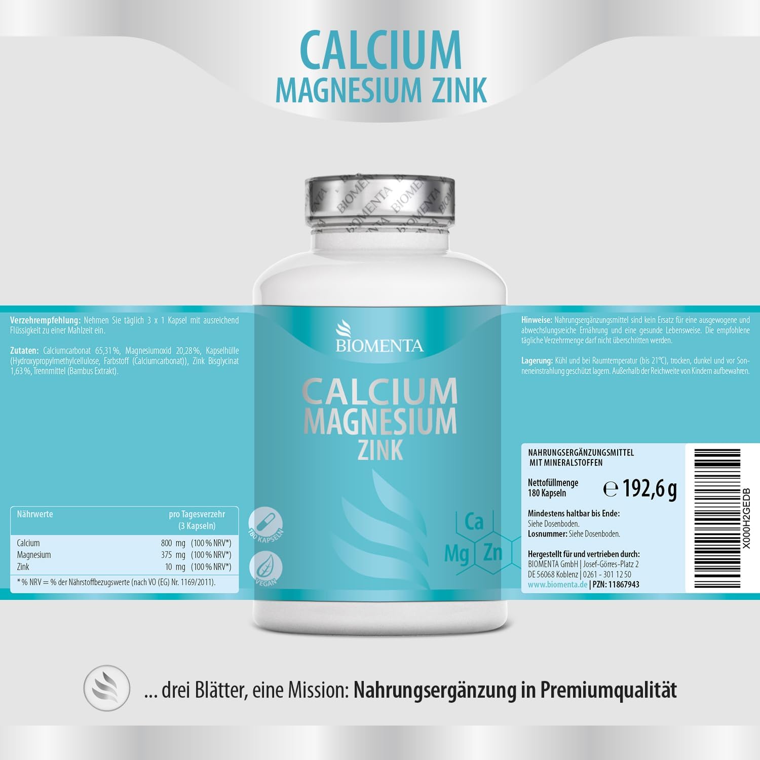 Magnesium Komplex mit B6 & Zink – Biomenta Calcium + Magnesium + Zinc - 180 Capsules - 2 Monthly Treatment – Bild 3