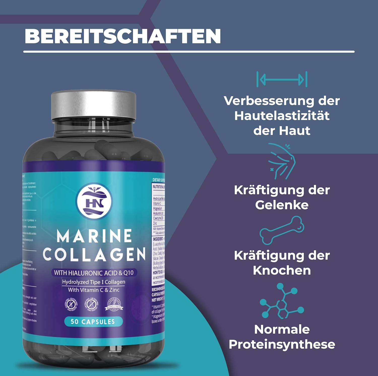 Magnesium Komplex mit B6 & Zink – Collagen Capsules High Dose with Hyaluronic Acid. Collagen Capsules with Magnesium and Vitamin C - Coenzyme Q10, Magnesium and Zinc, Sea Collagen with Hyaluronic Acid (50 Capsules) – Bild 2