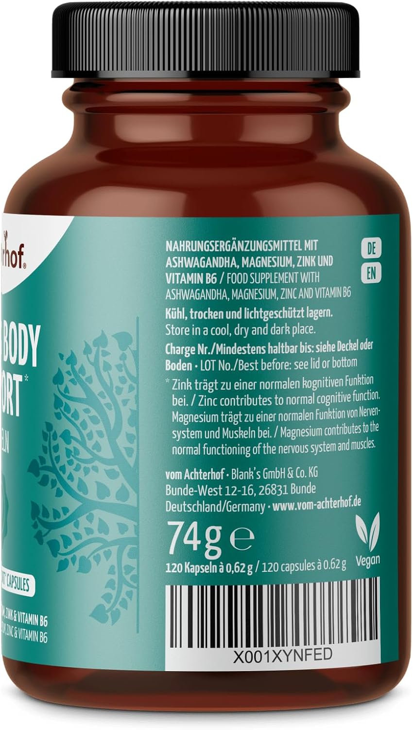 Magnesium Komplex mit B6 & Zink – Mind & Body Support 120 Capsules | Contains Magnesium, Zinc and Vitamin B6 | Additionally Enriched with a High-Quality Ashwagandha Root Extract | 100% Vegan | from Achterhof – Bild 3
