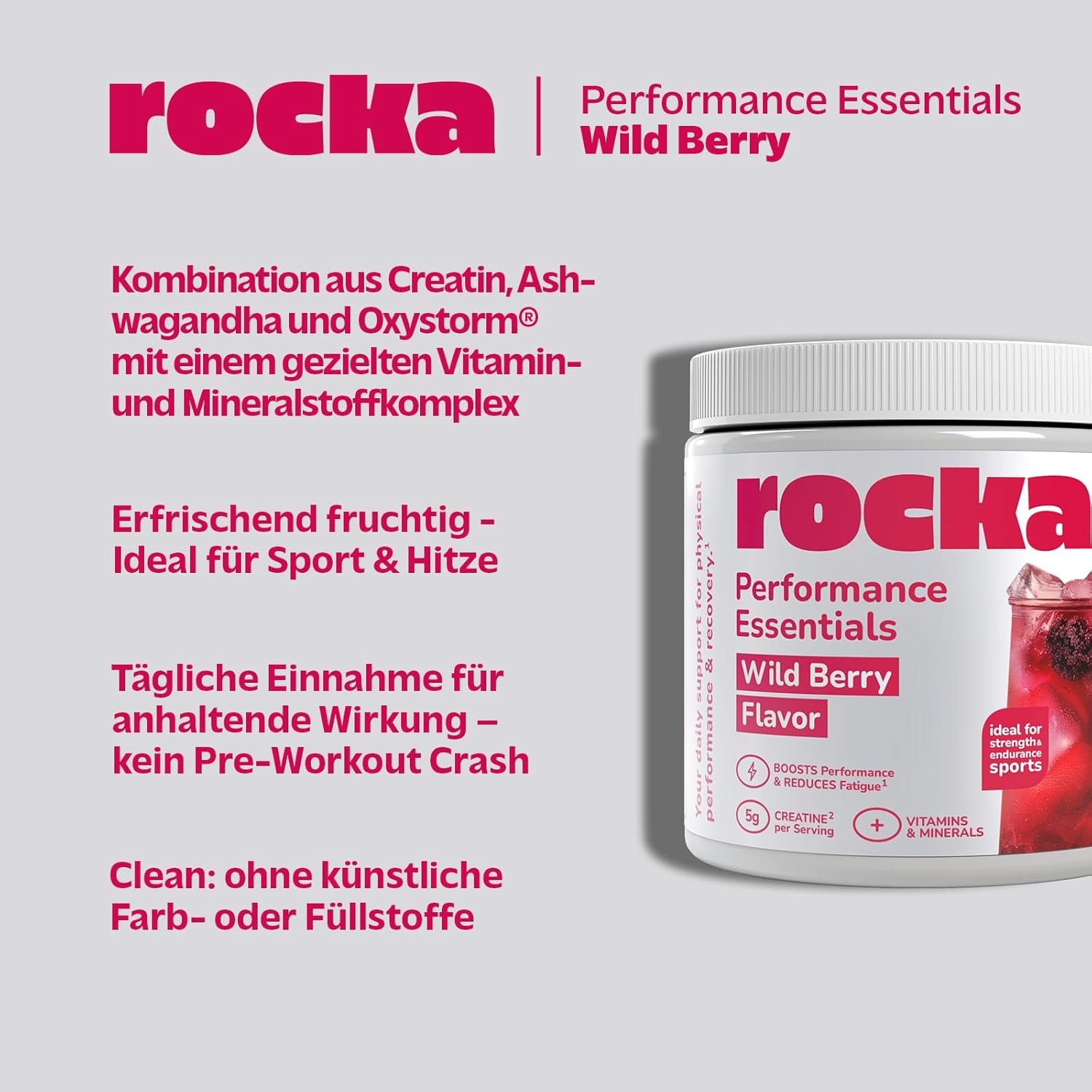 Magnesium Komplex mit B6 & Zink – Rocka Nutrition Performance Essentials Multi-Nutrient Mix with Creatine, Ashwagandha, Nitrate, Magnesium, Iron & Zinc, Vegan Performance & Recovery Supplement, 100% Flavour, 275 g (Wild Berry) – Bild 3