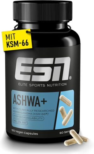 Magnesium Komplex mit B6 & Zink โ ESN Ashwa+, Ashwagandha High Dose, Patented KSM 66, 120 Capsules, with Magnesium, Vitamin B6 and Zinc - Made in Germany