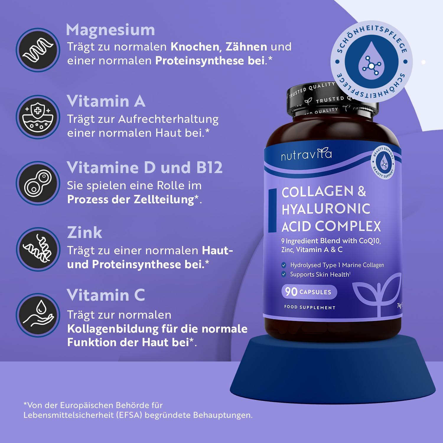 Magnesium Komplex mit B6 & Zink – Collagen Complex with Marine Collagen, Magnesium, Vitamin D, C, B12, A, Q10 & Zinc - 90 Hyaluronic Capsules High Dose for 3 Months - Nutravita – Bild 3