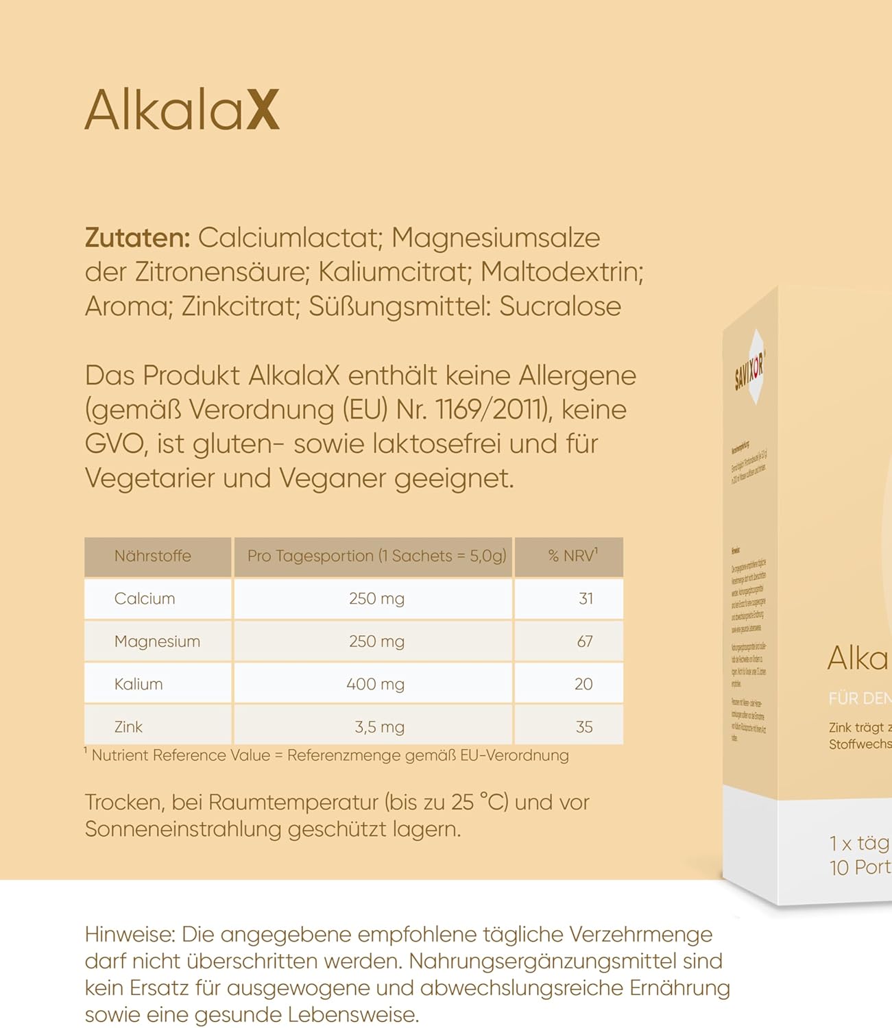 Magnesium Komplex mit B6 & Zink – AlkalaX Mineral Complex 10 x 5 g Vegan - With 3.5 mg Zinc, 250 mg Calcium, 250 mg Magnesium and 400 g Potassium, Zinc contributes to a normal acid-base metabolism – Bild 7