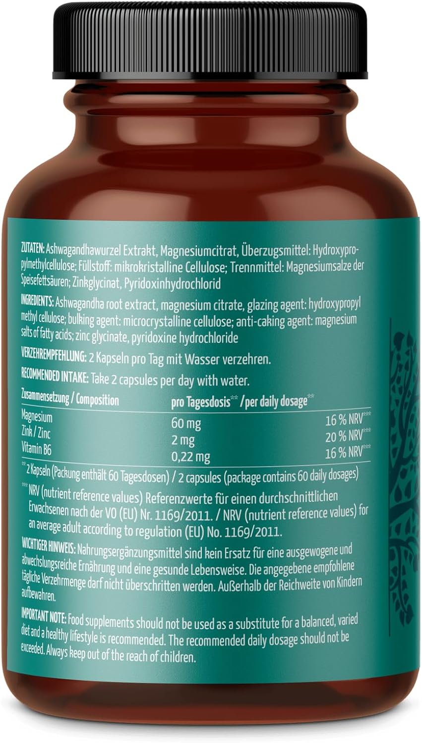 Magnesium Komplex mit B6 & Zink – Mind & Body Support 120 Capsules | Contains Magnesium, Zinc and Vitamin B6 | Additionally Enriched with a High-Quality Ashwagandha Root Extract | 100% Vegan | from Achterhof – Bild 2