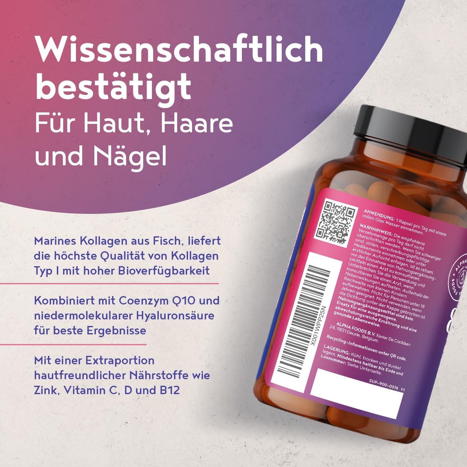 Magnesium Komplex mit B6 & Zink – Hyaluronic Collagen Complex | 90 Capsules | High Dose with CoQ10, Hyaluronic Acid, Vitamin C, D, A, Zinc & Magnesium | Hyaluronic Collagen | for Skin, Hair, Nails, Bones and Joints Alpha Foods – Bild 3