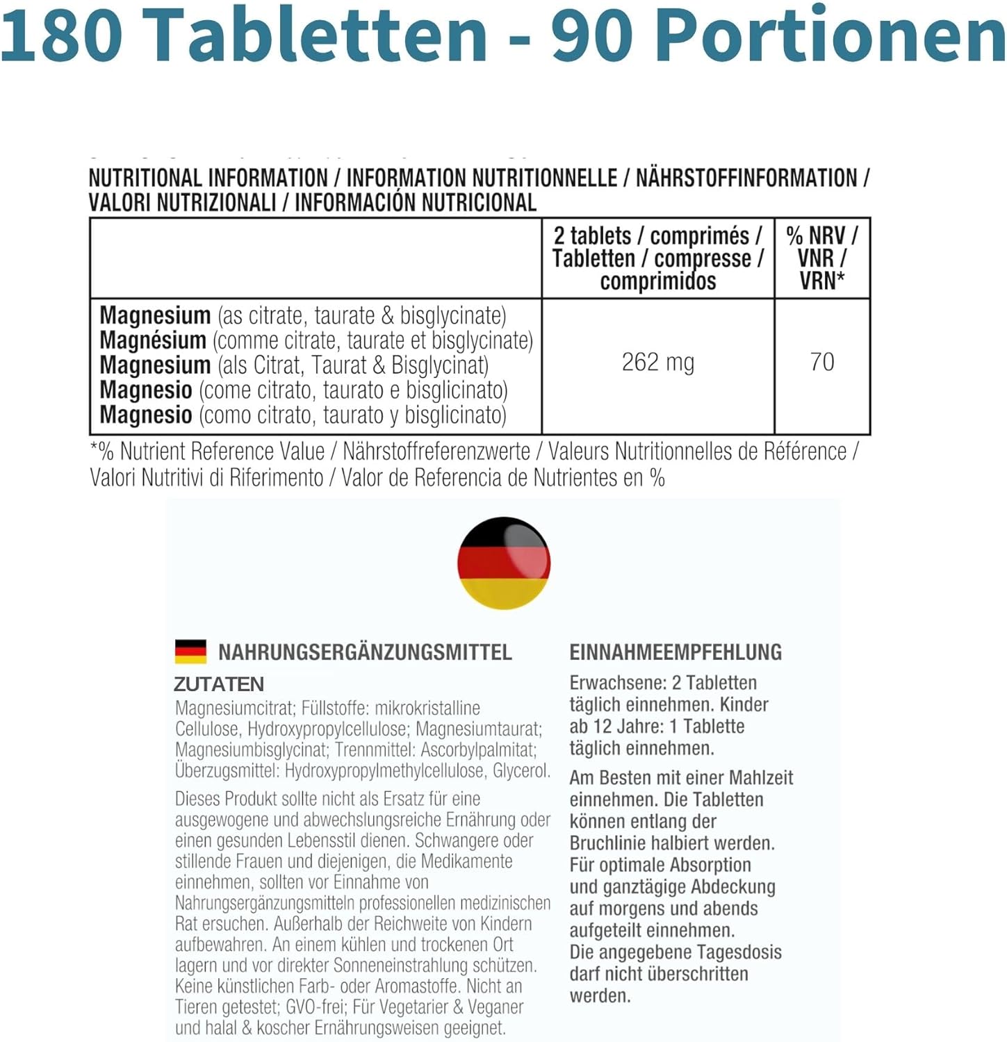 Magnesium Komplex mit B6 & Zink – Igennus Advanced Triple Magnesium Complex, Fully Reacted & Chelated Glycinate, Taurate & Citrate, Clean Label, High Bioavailability & Absorption, 180 Tablets, Vegan – Bild 7