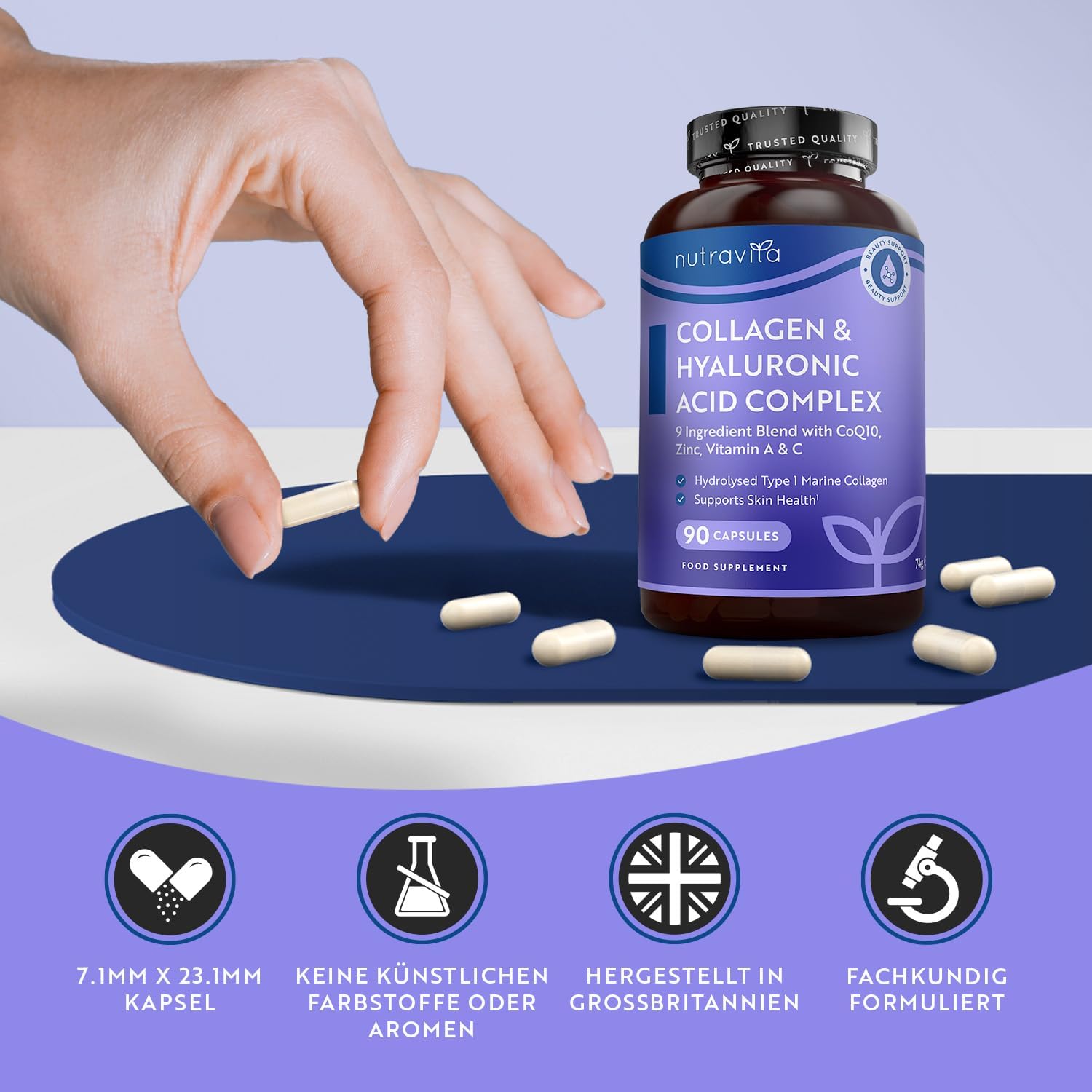 Magnesium Komplex mit B6 & Zink – Collagen Complex with Marine Collagen, Magnesium, Vitamin D, C, B12, A, Q10 & Zinc - 90 Hyaluronic Capsules High Dose for 3 Months - Nutravita – Bild 5