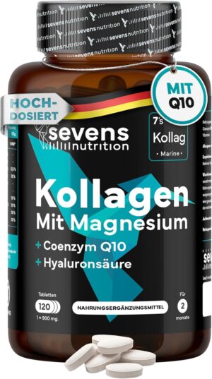 Magnesium Komplex mit B6 & Zink โ Collagen Capsules High Dose - Premium Collagen Hydrolysate Complex with Hyaluronic Acid, Q10, Magnesium & Vitamins A, C, D3, B12 + Zinc - Laboratory Tested - 120 Tablets - Sevens Nutrition