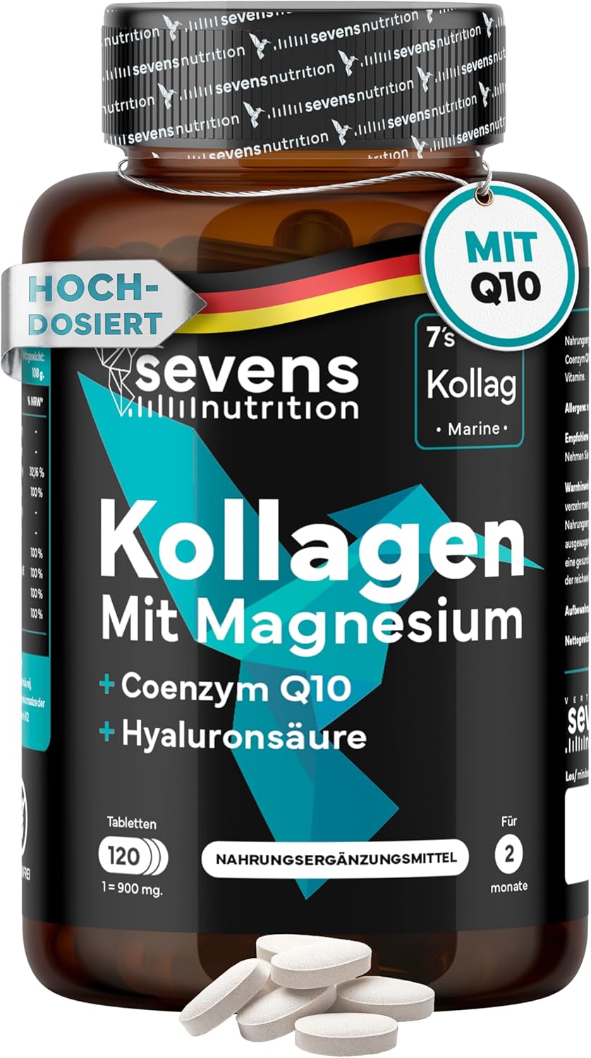 Magnesium Komplex mit B6 & Zink – Collagen Capsules High Dose - Premium Collagen Hydrolysate Complex with Hyaluronic Acid, Q10, Magnesium & Vitamins A, C, D3, B12 + Zinc - Laboratory Tested - 120 Tablets - Sevens Nutrition
