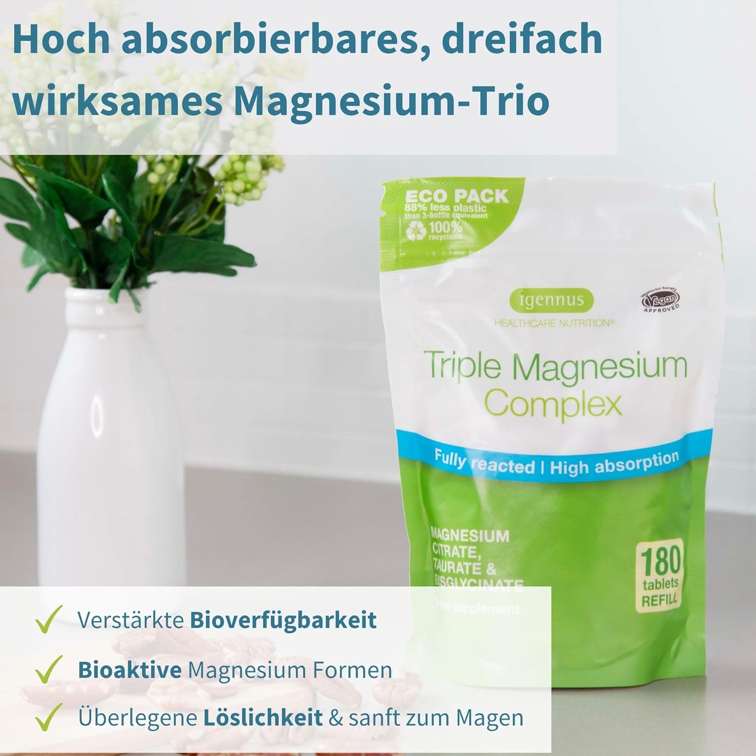 Magnesium Komplex mit B6 & Zink – Igennus Advanced Triple Magnesium Complex, Fully Reacted & Chelated Glycinate, Taurate & Citrate, Clean Label, High Bioavailability & Absorption, 180 Tablets, Vegan – Bild 2
