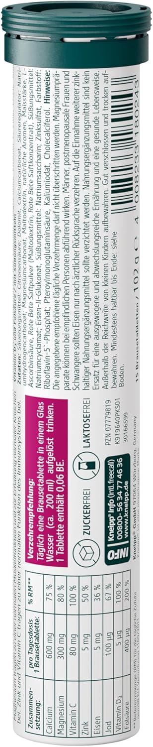 Magnesium Komplex mit B6 & Zink – Kneipp Effervescent Tablets Women Minerals - Dietary Supplement with Calcium, Magnesium, Vitamin C, Zinc, Iron, Iodine, Vitamin D3 and Folic Acid - 15 Effervescent Tablets – Bild 2