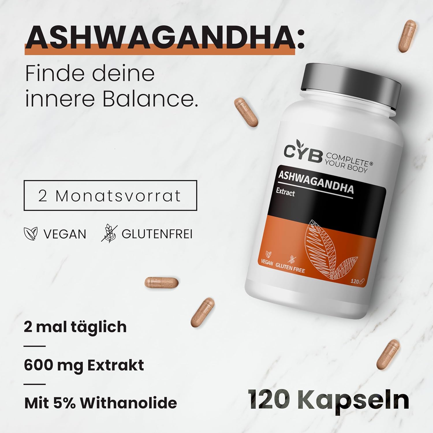 Magnesium Komplex mit B6 & Zink – Ashwagandha High Dose with Magnesium Glycinate, Vitamin B6 and Zinc - Stress and Energy Support - 120 Capsules - Vegan - Laboratory Tested – Bild 2