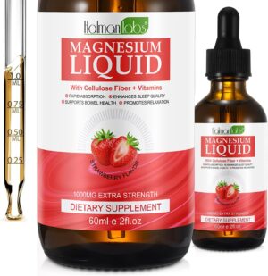 Magnesium Komplex mit B6 & Zink – Magnesium Glycinate Supplements Drops for Women & Men, Liquid Magnesium Complex with Cellulose Fibre, Bromelain, Vitamins and Zinc, Strawberry Flavour, 60 ml