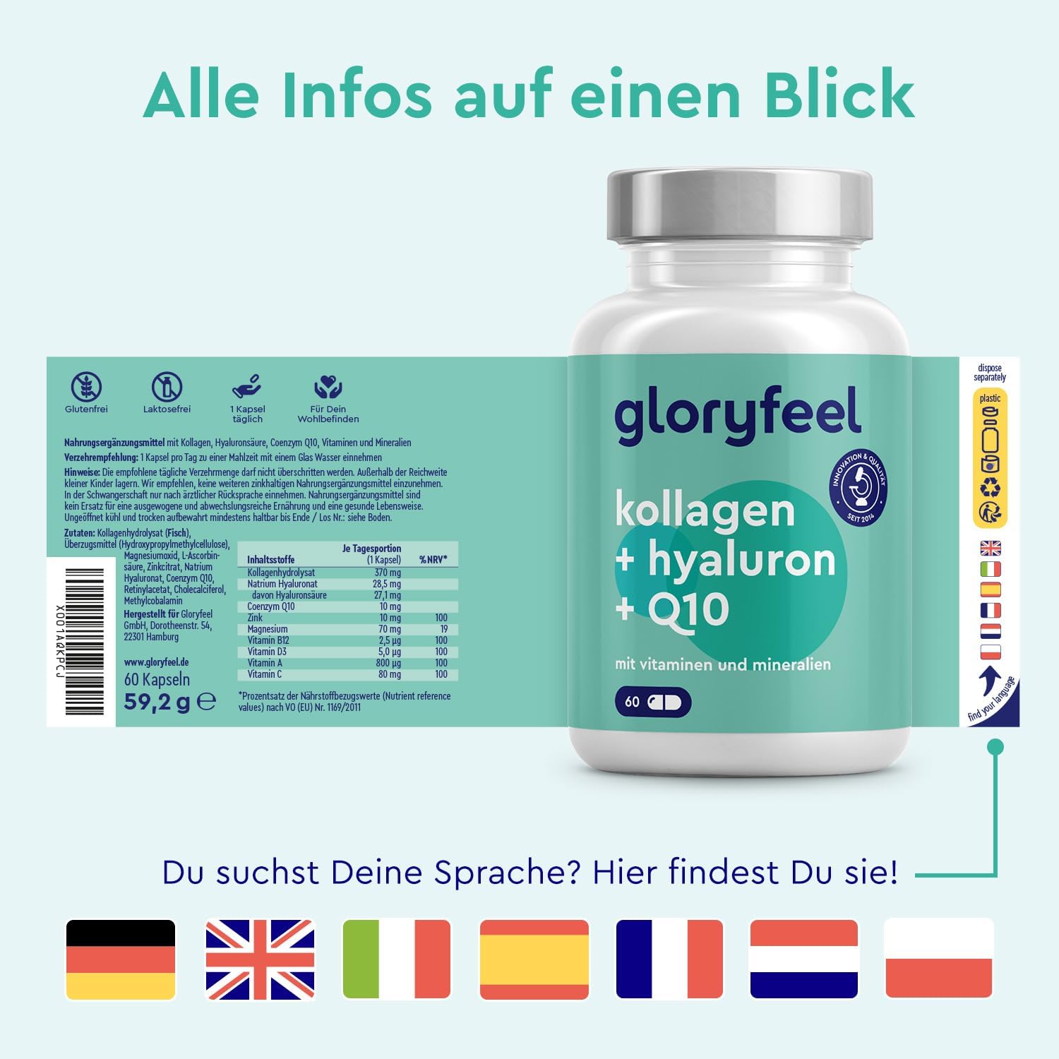 Magnesium Komplex mit B6 & Zink – Collagen, Coenzyme Q10 Hyaluronic Acid Premium: Marine Collagen, With Zinc, Magnesium, Vitamin B12, D3, A & C, 60 Capsules, Laboratory Tested, High Dose without Additives, Made in Germany – Bild 7