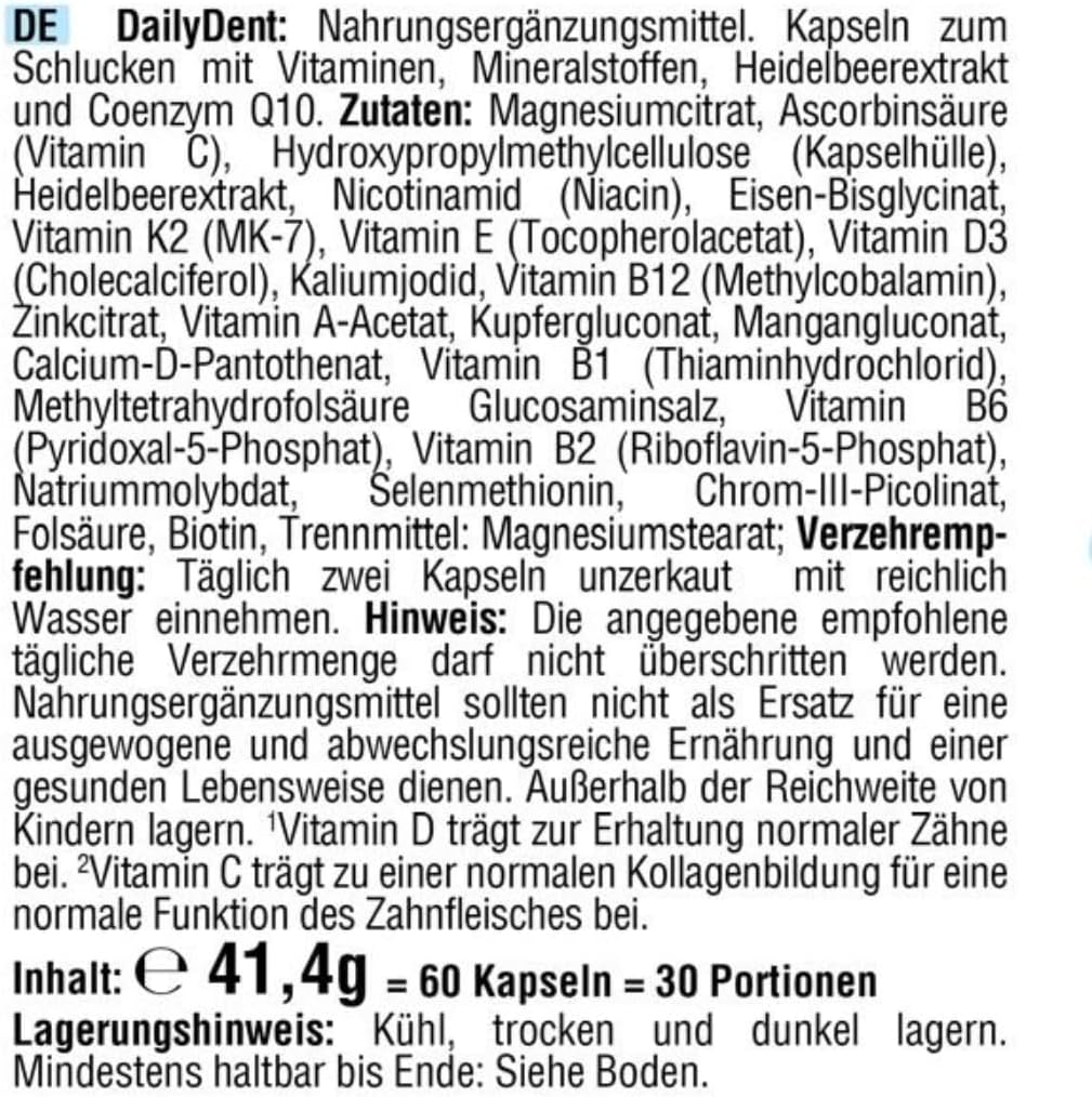 Magnesium Komplex mit B6 & Zink – Dailydent Multivitamin Complex for Healthy Teeth & Gums with Vitamin A, B1, B2, B6, B12, C, D3, E, K2, Folic Acid, Zinc, Magnesium, Iron, Selenium, Q10 & More - 60 Capsules (30 Day Supply) – Bild 9