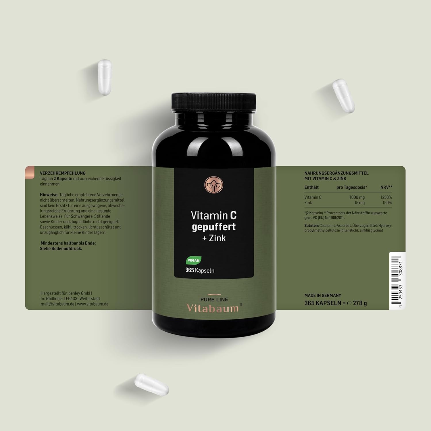 Magnesium Komplex mit B6 & Zink – Vitabaum Vitamin C Buffered + Zinc - High Dose with 1000 mg per Day - High-Quality Calcium Ascorbate Stomach Friendly, pH Neutral - 6 Month Supply - 365 Capsules - Vegan – Bild 6