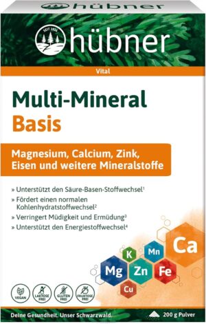 Magnesium Komplex mit B6 & Zink โ Hรผbner Multi-Mineral Base (200 g), Basic Mineral Blend for Acid-Base Household and Vitality, with Magnesium, Zinc, Iron & Trace Elements, Vegan and Lactose Free