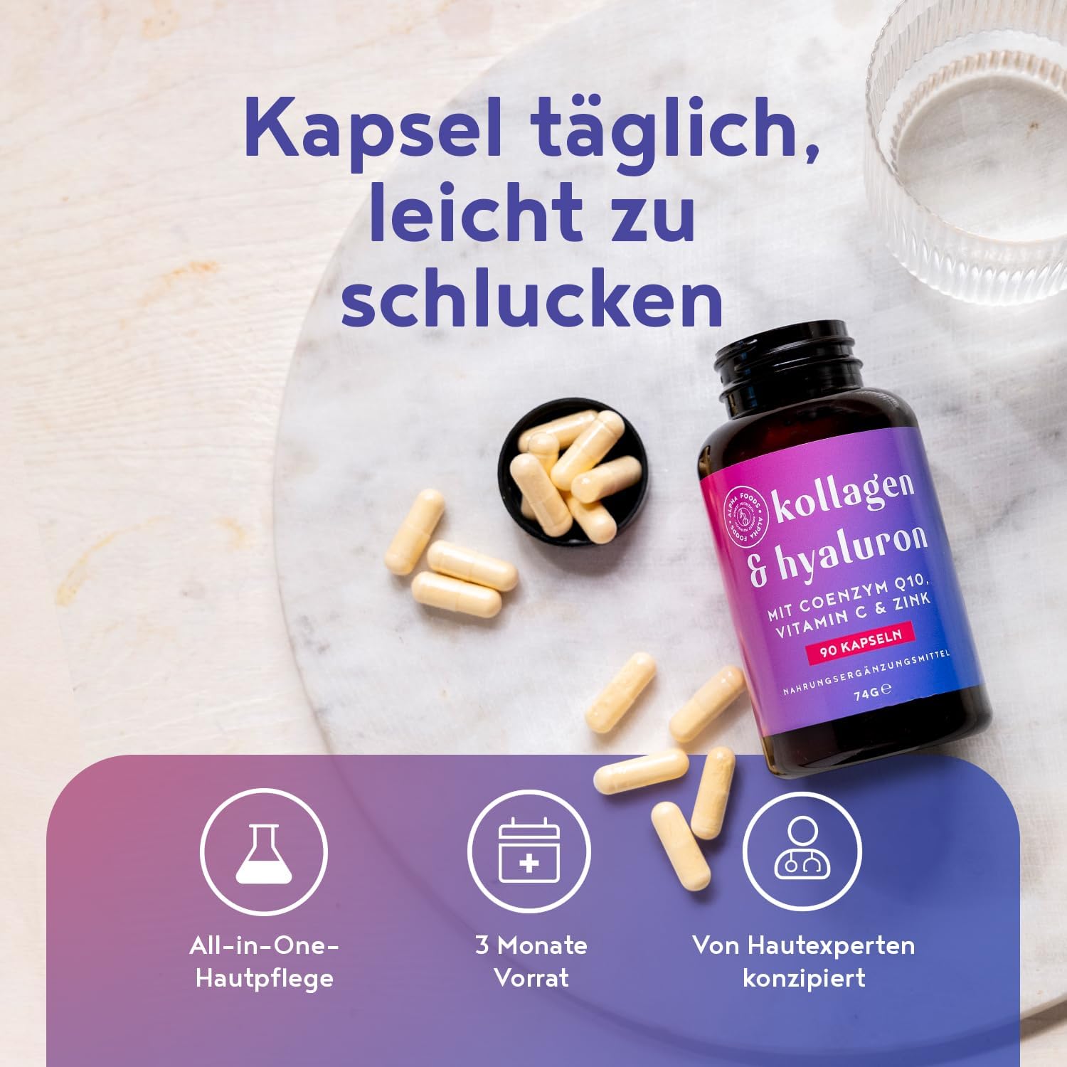 Magnesium Komplex mit B6 & Zink – Hyaluronic Collagen Complex | 90 Capsules | High Dose with CoQ10, Hyaluronic Acid, Vitamin C, D, A, Zinc & Magnesium | Hyaluronic Collagen | for Skin, Hair, Nails, Bones and Joints Alpha Foods – Bild 5