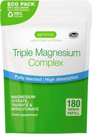Magnesium Komplex mit B6 & Zink โ Igennus Advanced Triple Magnesium Complex, Fully Reacted & Chelated Glycinate, Taurate & Citrate, Clean Label, High Bioavailability & Absorption, 180 Tablets, Vegan