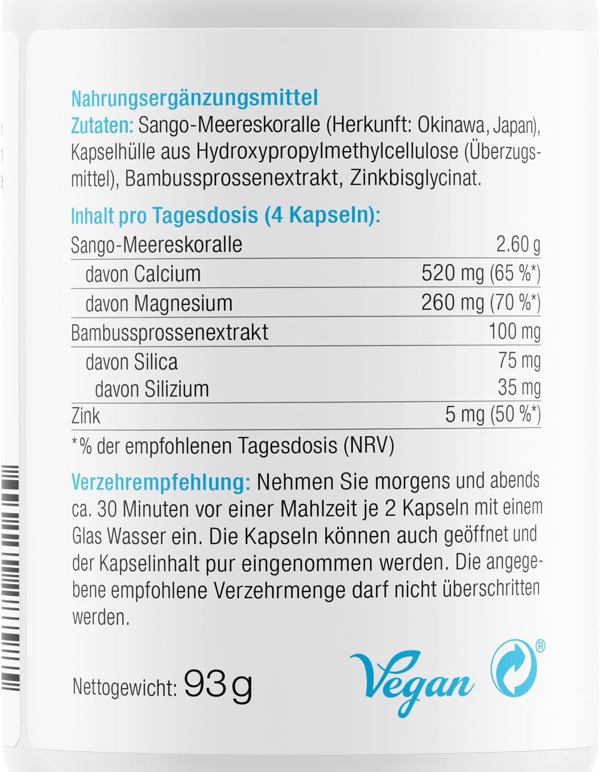 Magnesium Komplex mit B6 & Zink – effective nature - Sango sea coral + zinc and silicon - 120 vegan capsules - with calcium and magnesium in the ideal ratio - high dose and without additives – Bild 2