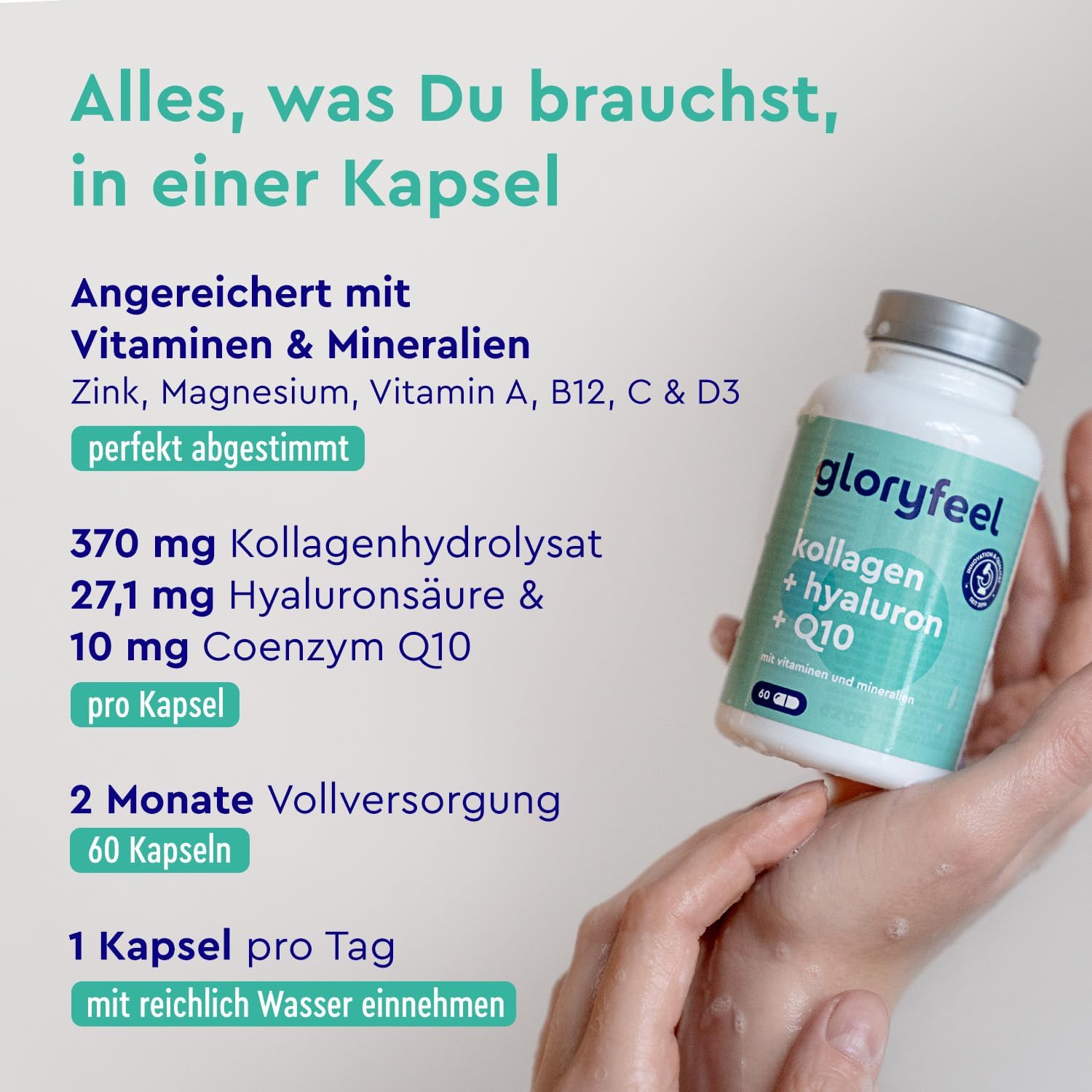 Magnesium Komplex mit B6 & Zink – Collagen, Coenzyme Q10 Hyaluronic Acid Premium: Marine Collagen, With Zinc, Magnesium, Vitamin B12, D3, A & C, 60 Capsules, Laboratory Tested, High Dose without Additives, Made in Germany – Bild 5