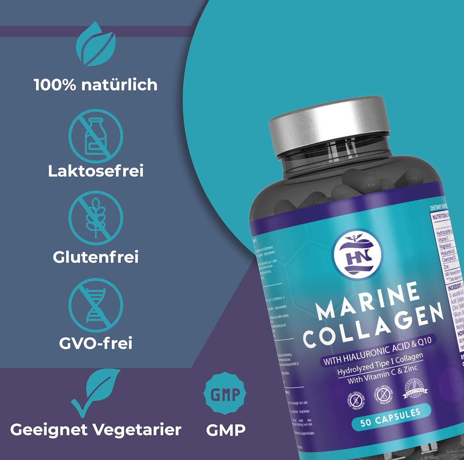 Magnesium Komplex mit B6 & Zink – Collagen Capsules High Dose with Hyaluronic Acid. Collagen Capsules with Magnesium and Vitamin C - Coenzyme Q10, Magnesium and Zinc, Sea Collagen with Hyaluronic Acid (50 Capsules) – Bild 4