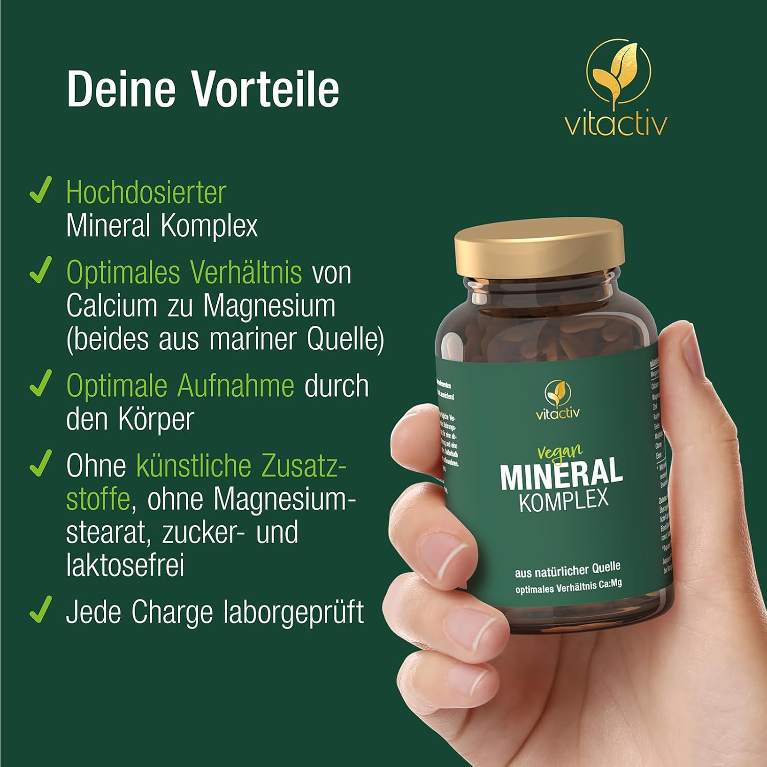 Magnesium Komplex mit B6 & Zink – VITACTIV Mineral Complex - Brand Raw Material Aquamin, Marines Calcium & Magnesium (2:1) - Basic Minerals & Trace Elements with Zinc for Acid-Base Metabolism - Vegan, High Dose, 120 Capsules – Bild 4