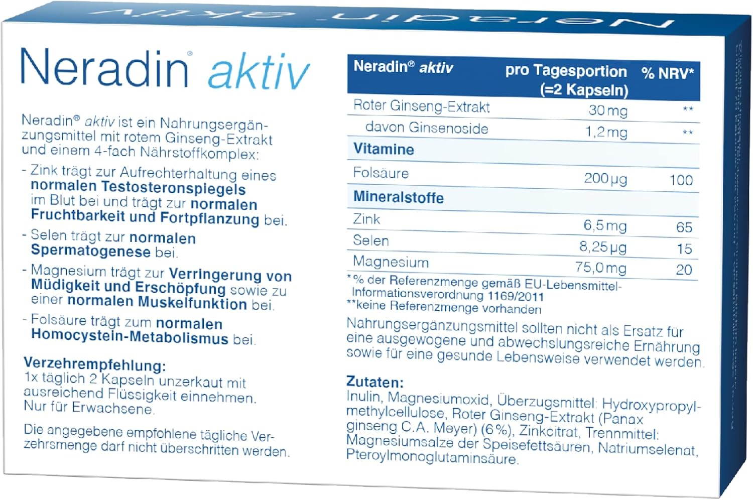 Magnesium Komplex mit B6 & Zink – Neradin Aktiv Micronutrient Complex Especially for Men with Red Ginseng Extract and a Useful 4-Way Nutrient Complex of Zinc, Selenium, Magnesium and Folic Acid, Pack of 70 – Bild 2