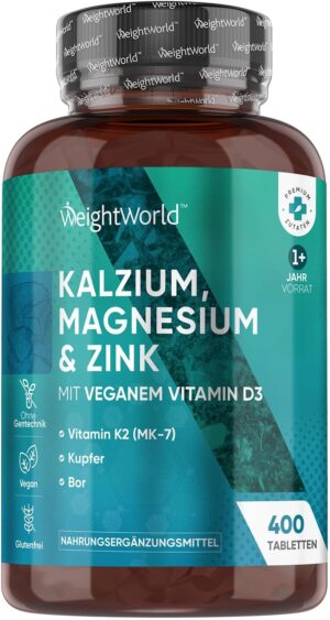 Magnesium 600 mg – Calcium Magnesium Zinc - 400 Tablets 1+ Year - Magnesium, Vitamin D3, K2, Boron, Selenium, Copper - 500 mg Calcium - Vegan - 1 Tablet Per Day - Gluten Free - Alternative to Capsules - WeightWorld