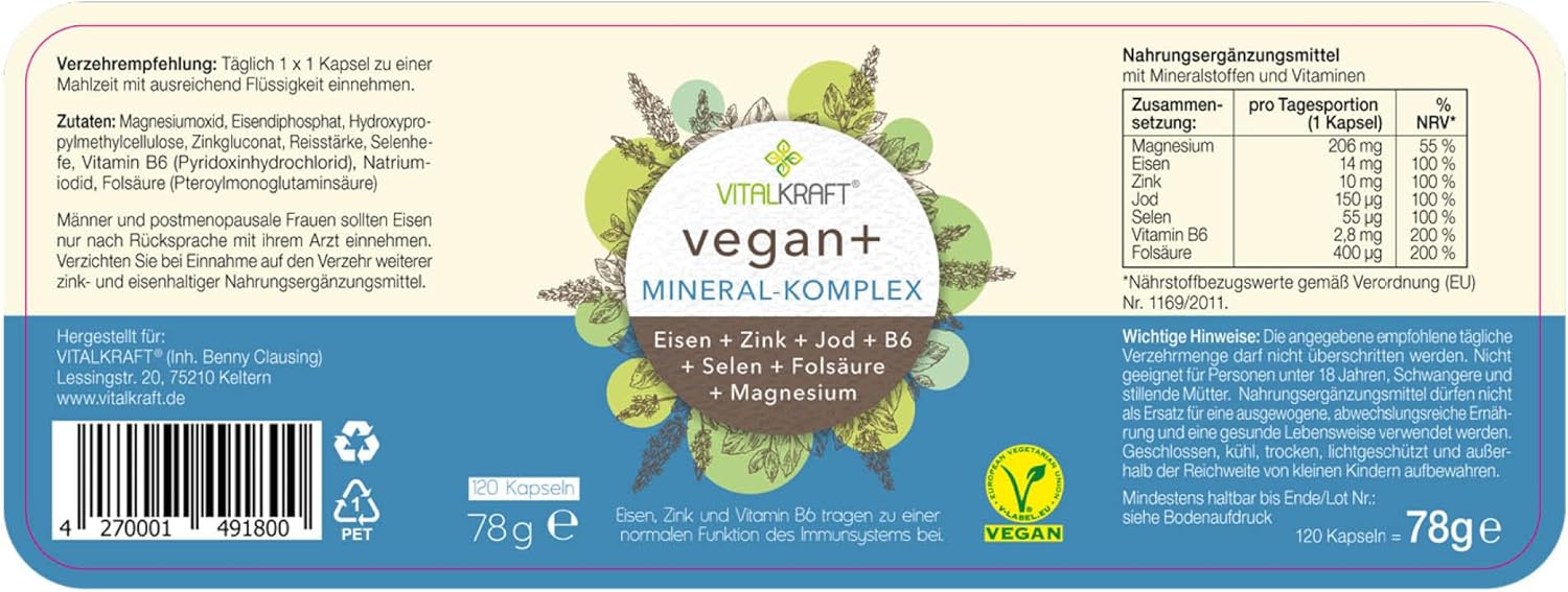 Magnesium Komplex mit B6 & Zink – Vegan+ Mineral Complex High Dose Capsules with Magnesium, Iron, Zinc, Iodine, Selenium, B6 and Folic Acid. Lactose-free and Gluten-Free Dietary Supplement – Bild 6