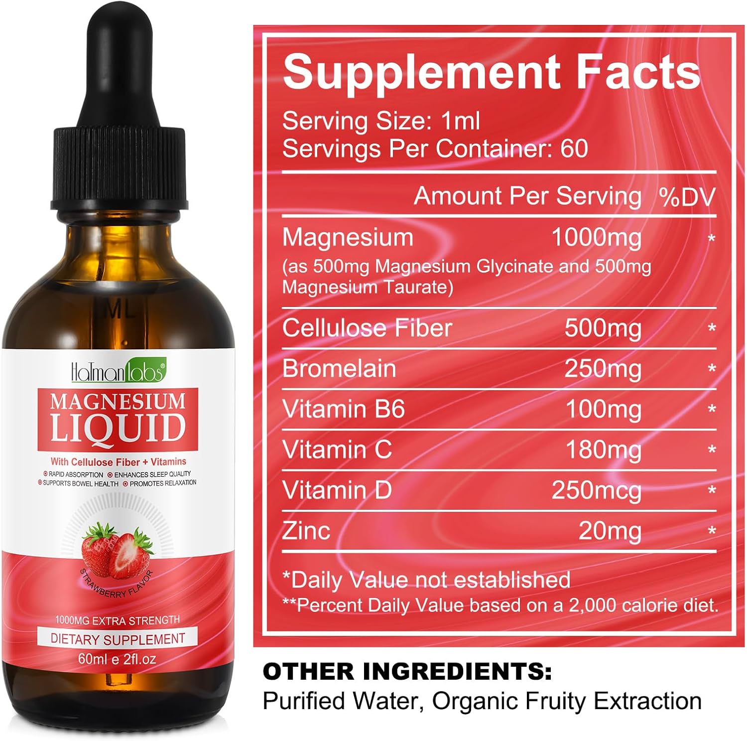 Magnesium Komplex mit B6 & Zink – Magnesium Glycinate Supplements Drops for Women & Men, Liquid Magnesium Complex with Cellulose Fibre, Bromelain, Vitamins and Zinc, Strawberry Flavour, 60 ml – Bild 3