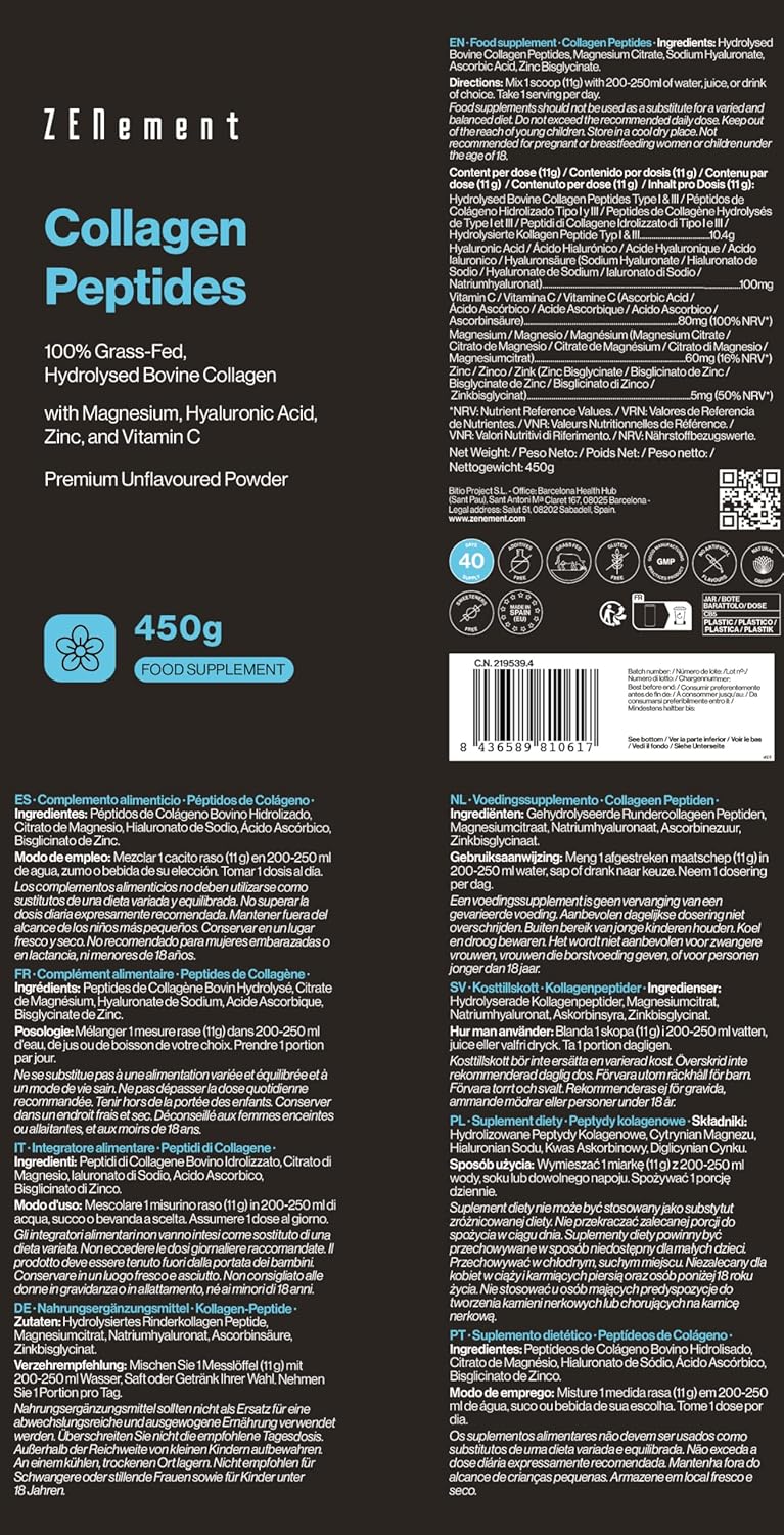 Magnesium Komplex mit B6 & Zink – Hydrolyzed Collagen Peptides from Pasture Cattle - with Magnesium, Hyaluronic Acid, Zinc and Vitamin C - Tasteless - High Solubility - 450 g – Bild 4