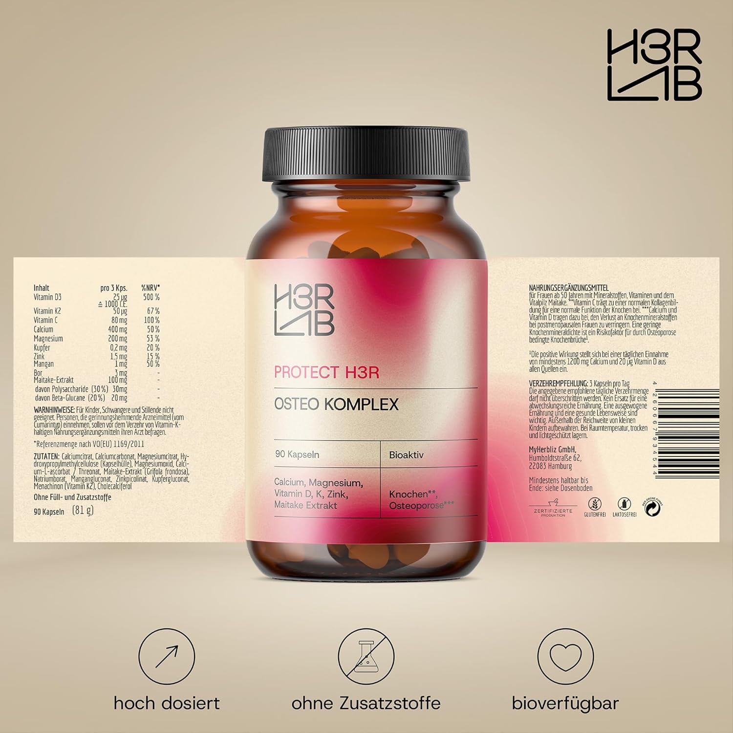 Magnesium Komplex mit B6 & Zink – Osteo Complex - Vegan Capsules with Calcium, Magnesium, Vitamin D3 & K2 | Base for Bones & Teeth | Calcium Magnesium D3 · Vitamin K2 D3 · Calcium + Vitamin D3 (90 Capsules) – Bild 2