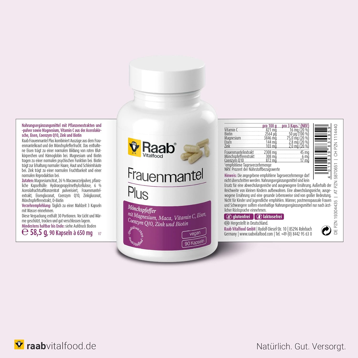 Magnesium Komplex mit B6 & Zink – Raab Vitalfood® Frauenmantel Complex Capsules (Pack of 90) - Complex with Women's Coat and Monk Pepper Extract, Maca and Vitamins (Biotin, Vitamin C), with Iron, Zinc and Magnesium – Bild 6