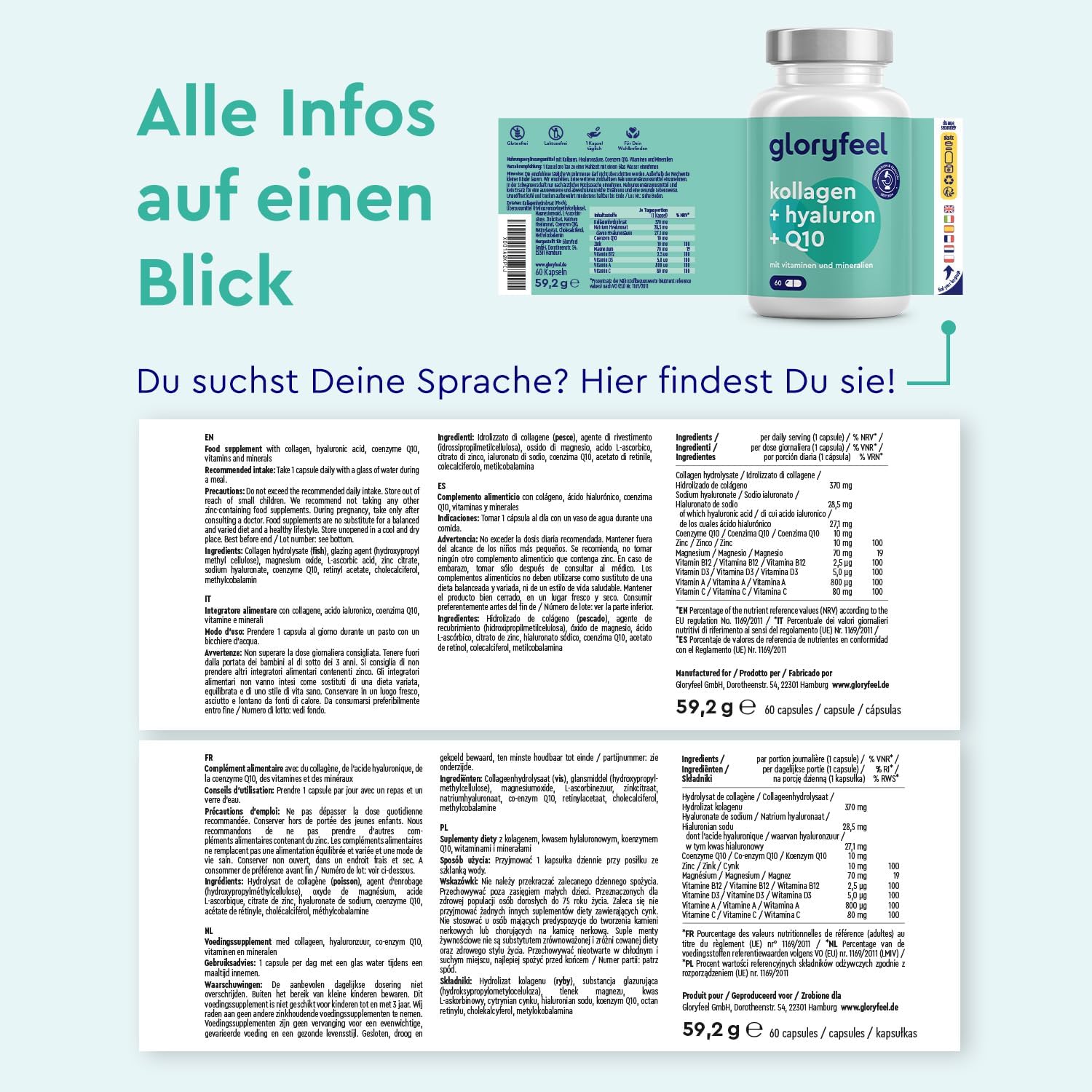 Magnesium Komplex mit B6 & Zink – Collagen, Coenzyme Q10 Hyaluronic Acid Premium: Marine Collagen, With Zinc, Magnesium, Vitamin B12, D3, A & C, 60 Capsules, Laboratory Tested, High Dose without Additives, Made in Germany – Bild 8